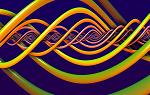 Abstract image of curvy, thick yellow and green lines intertwined on a dark purple background. 